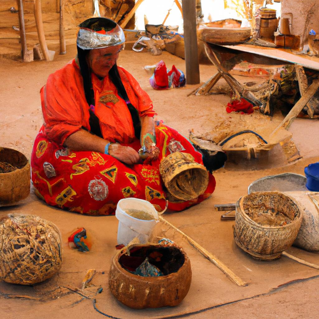 Native American woman weaving baskets